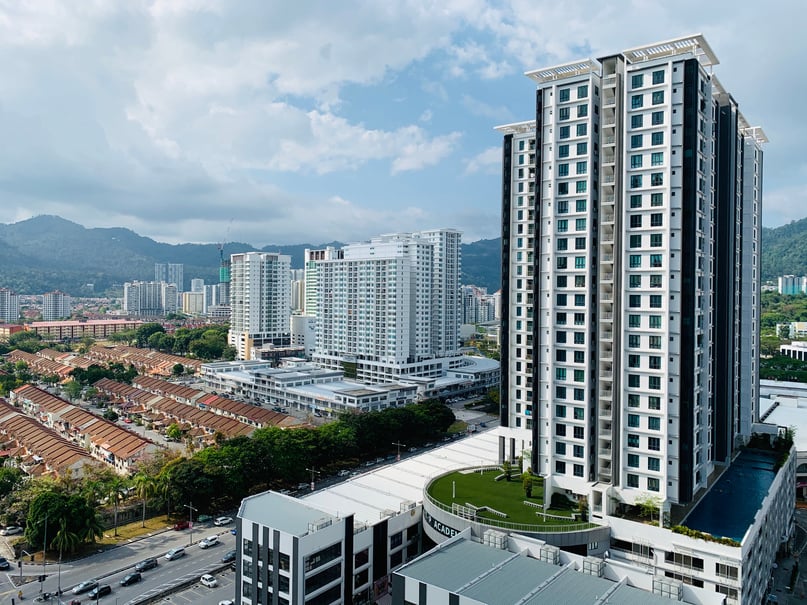 Modern residential district with contemporary buildings and developed infrastructure